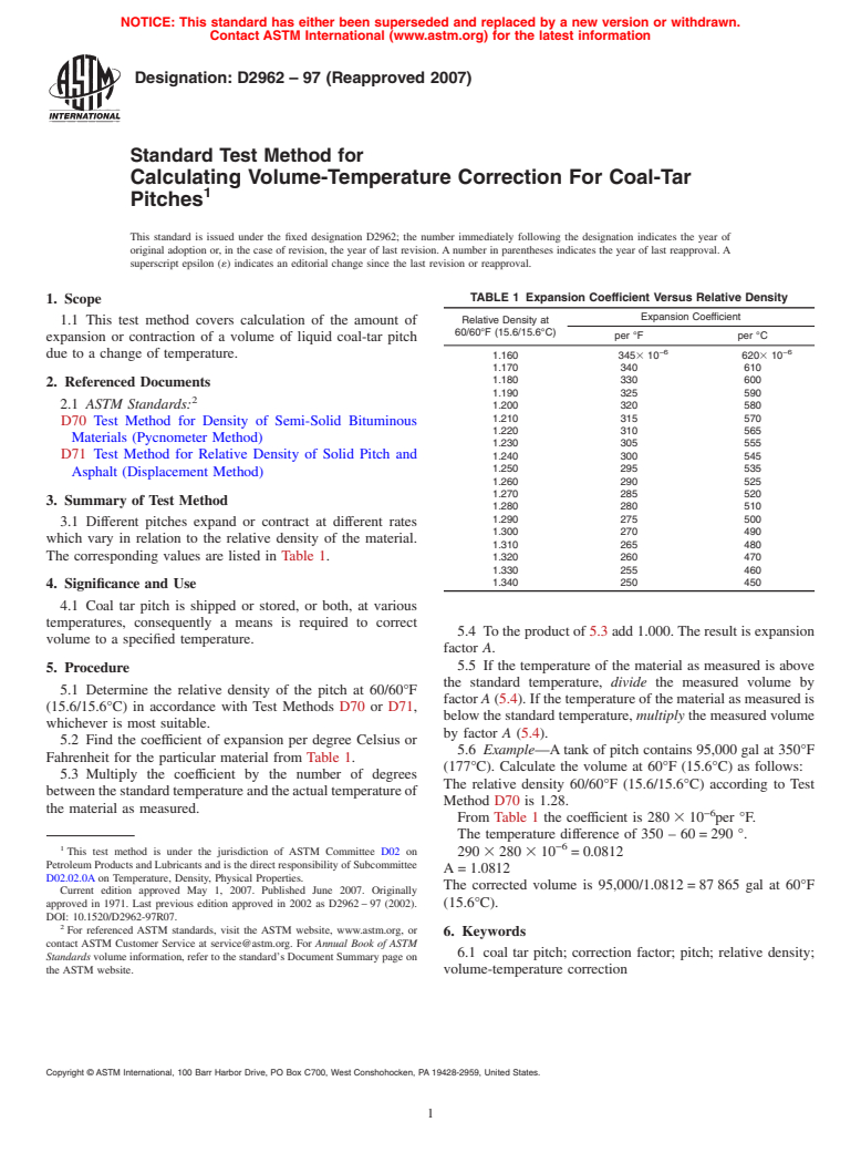 ASTM D2962-97(2007) - Standard Test Method for Calculating Volume-Temperature Correction For Coal-Tar Pitches