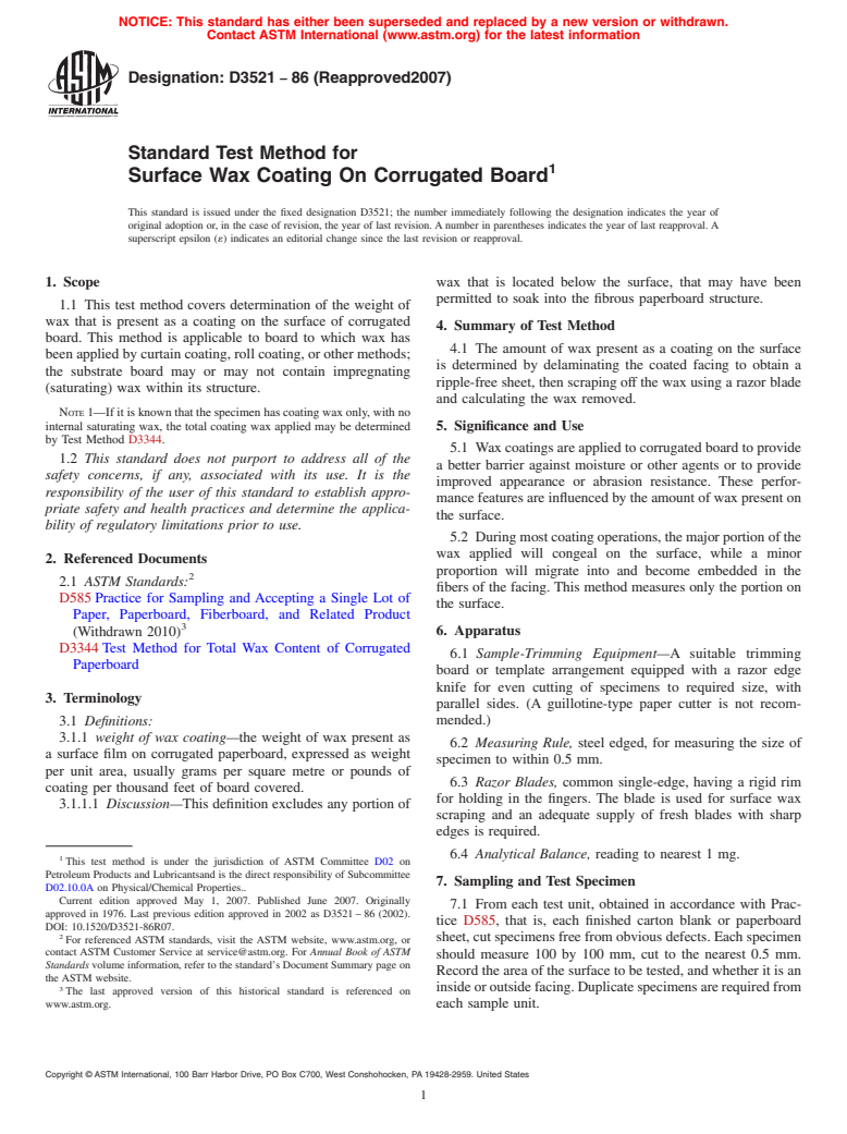 ASTM D3521-86(2007) - Standard Test Method for Surface Wax Coating On Corrugated Board