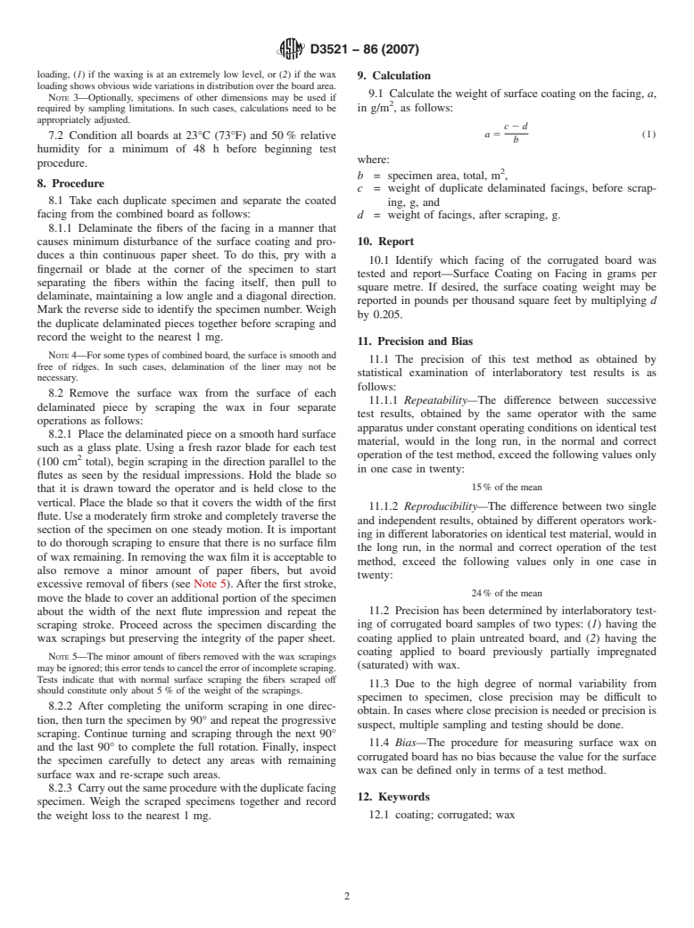 ASTM D3521-86(2007) - Standard Test Method for Surface Wax Coating On Corrugated Board