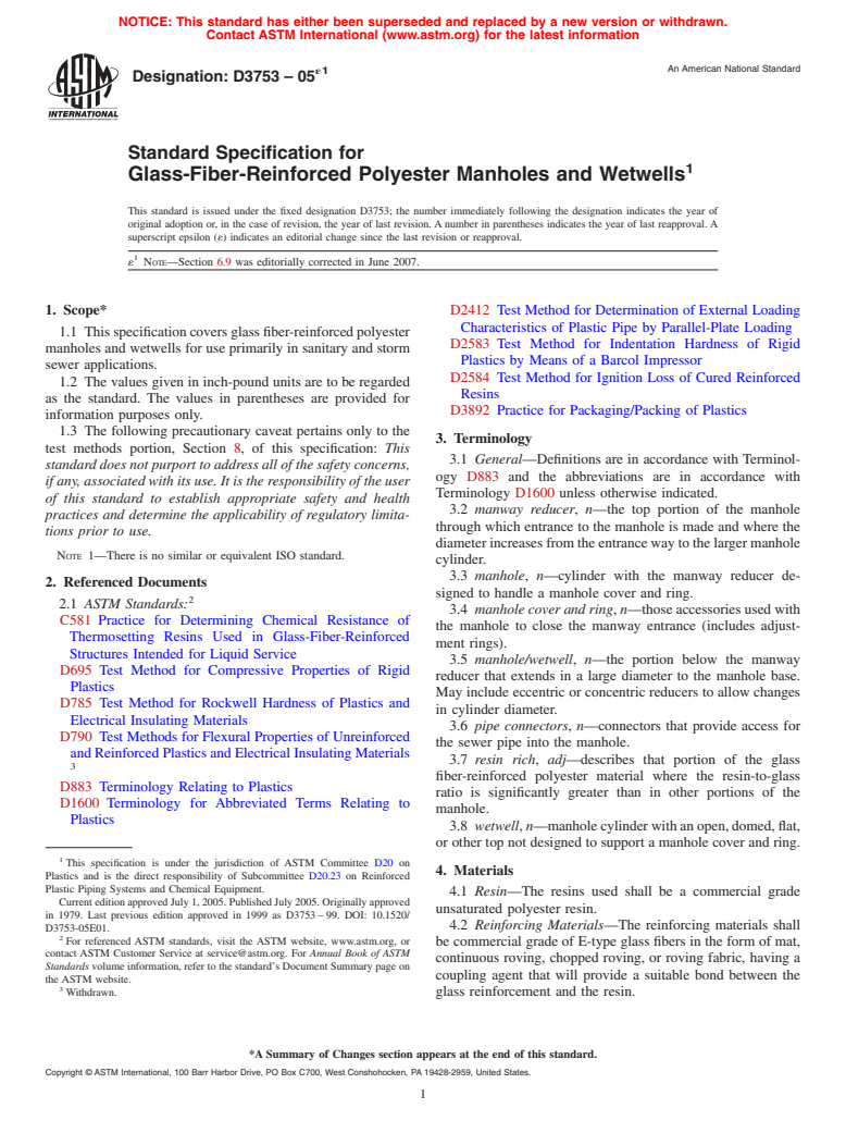 ASTM D3753-05e1 - Standard Specification for Glass-Fiber-Reinforced Polyester Manholes and Wetwells
