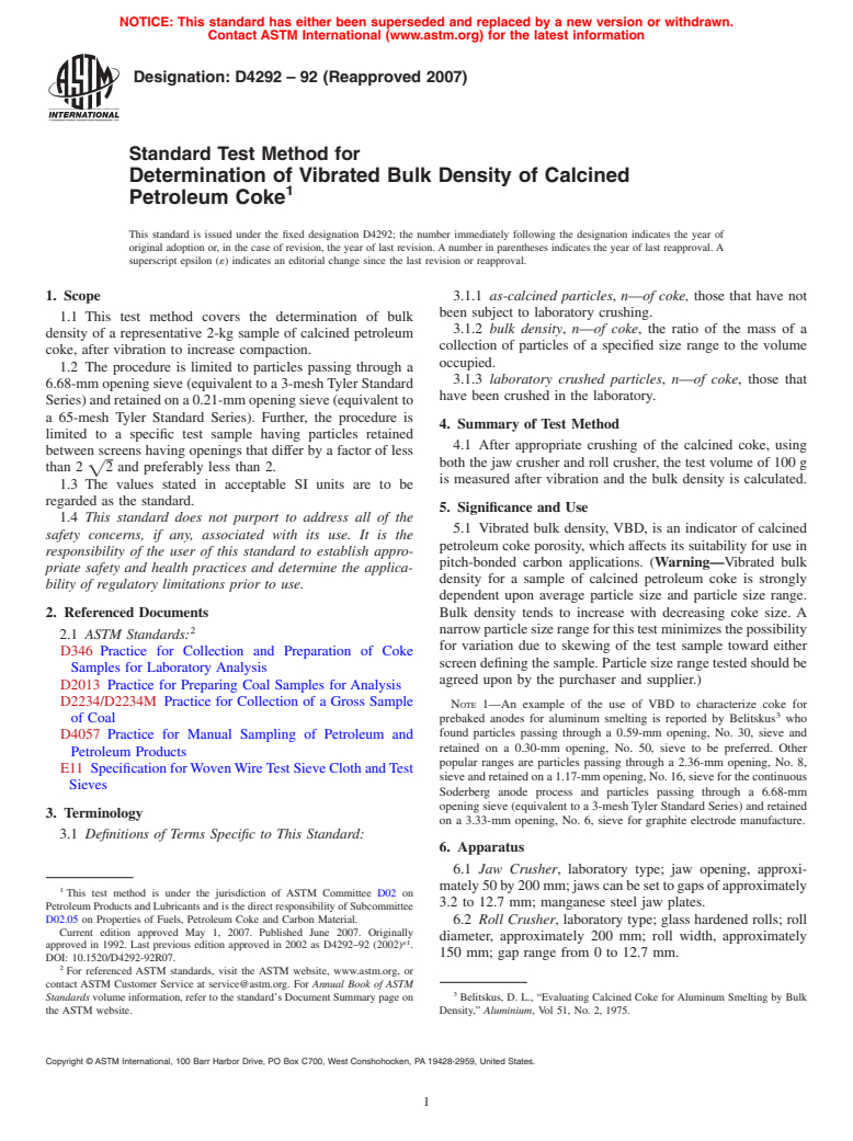 ASTM D4292-92(2007) - Standard Test Method for Determination of Vibrated Bulk Density of Calcined Petroleum Coke