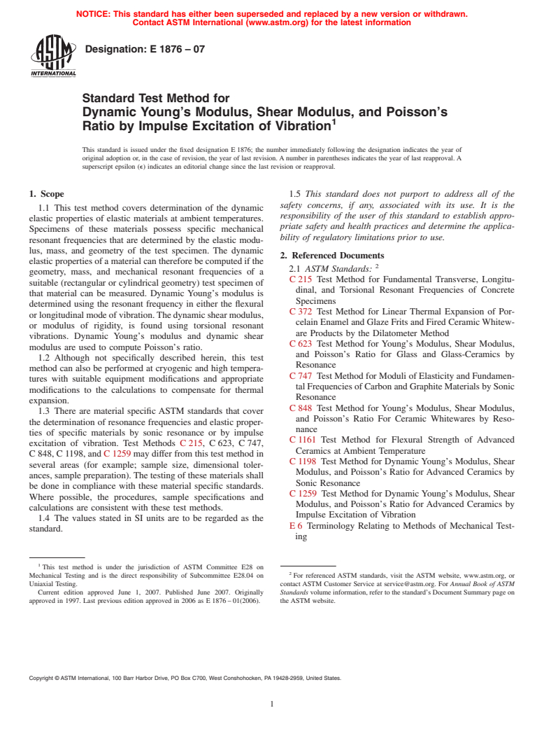 ASTM E1876-07 - Standard Test Method for Dynamic Young's Modulus, Shear Modulus, and Poisson's Ratio by Impulse Excitation of Vibration