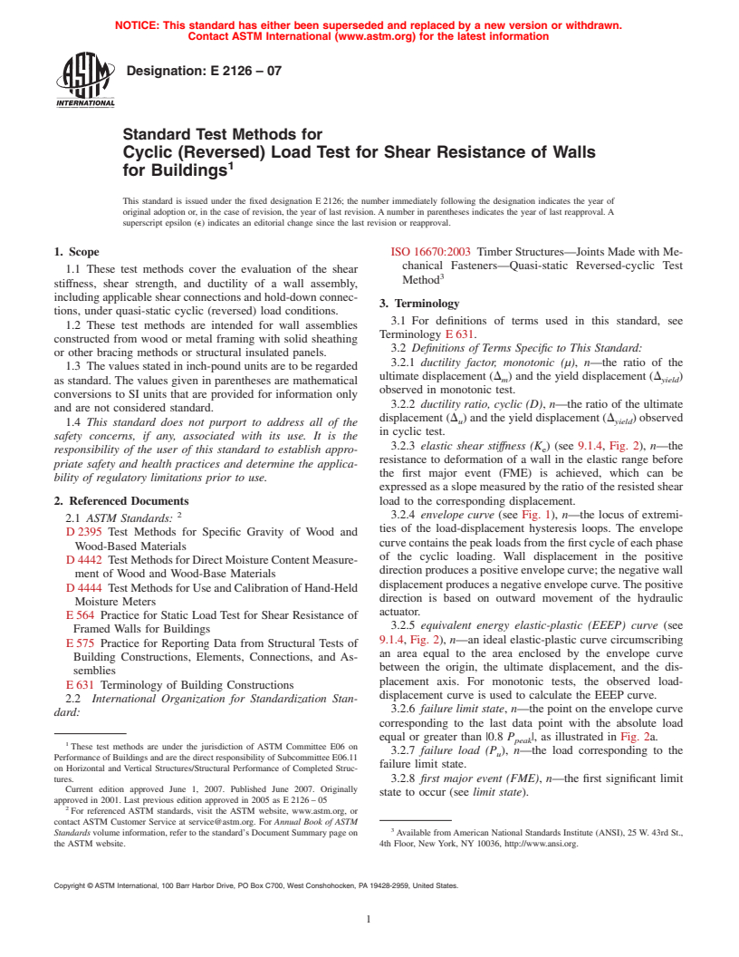 ASTM E2126-07 - Standard Test Methods for Cyclic (Reversed) Load Test for Shear Resistance of Walls for Buildings