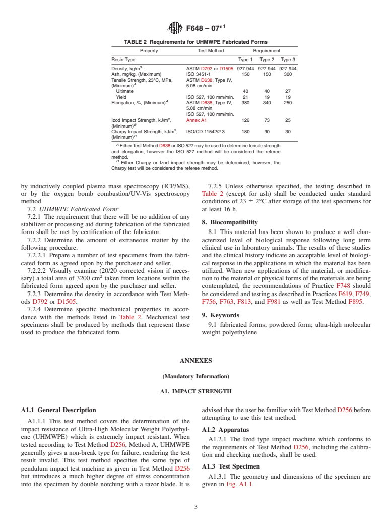 ASTM F648-07e1 - Standard Specification for Ultra-High-Molecular-Weight Polyethylene Powder and Fabricated Form for Surgical Implants