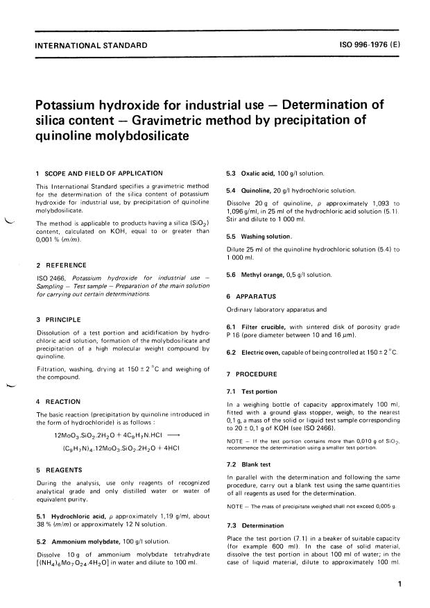ISO 996:1976 - Potassium hydroxide for industrial use -- Determination of silica content -- Gravimetric method by precipitation of quinoline molybdosilicate