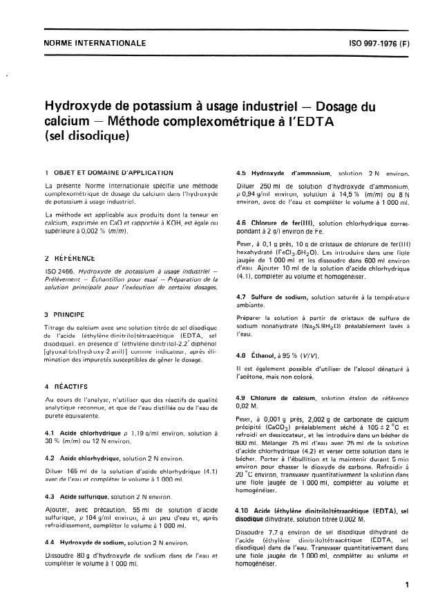 ISO 997:1976 - Hydroxyde de potassium a usage industriel -- Dosage du calcium -- Méthode complexométrique a l'EDTA (sel disodique)