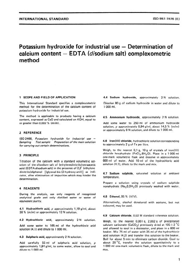 ISO 997:1976 - Potassium hydroxide for industrial use -- Determination of calcium content  -- EDTA (disodium salt) complexometric method