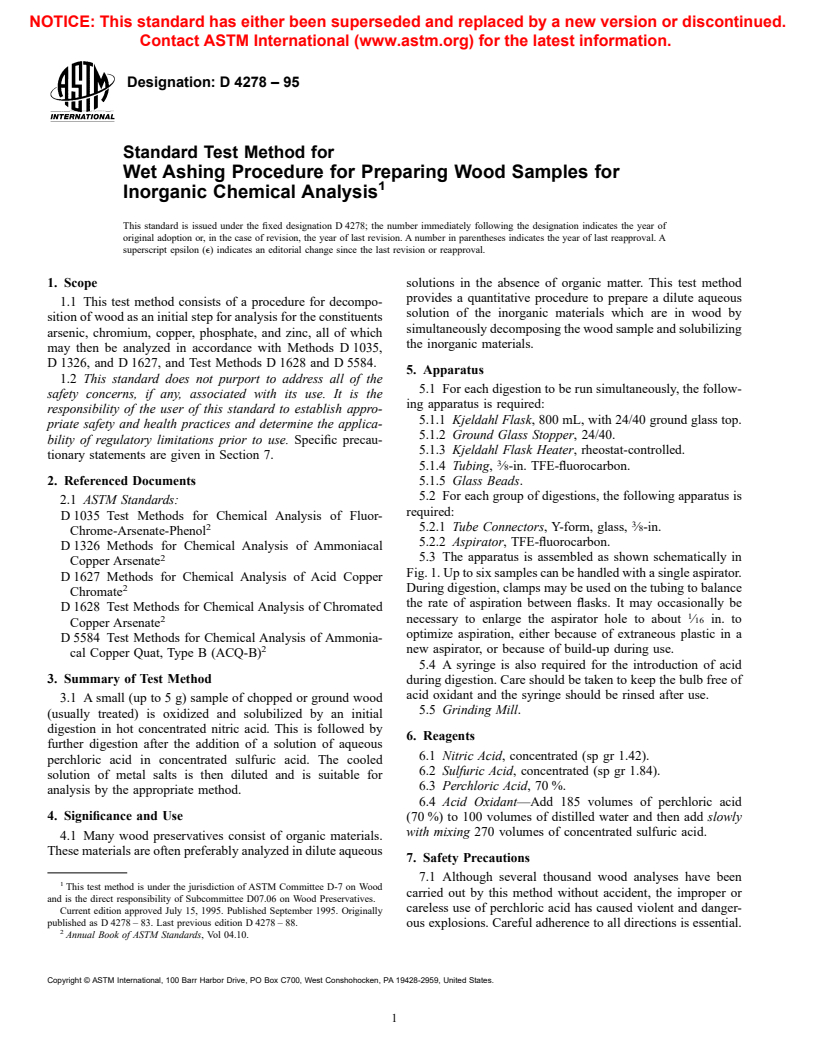 ASTM D4278-95 - Standard Test Method for Wet Ashing Procedure for Preparing Wood Samples for Inorganic Chemical Analysis