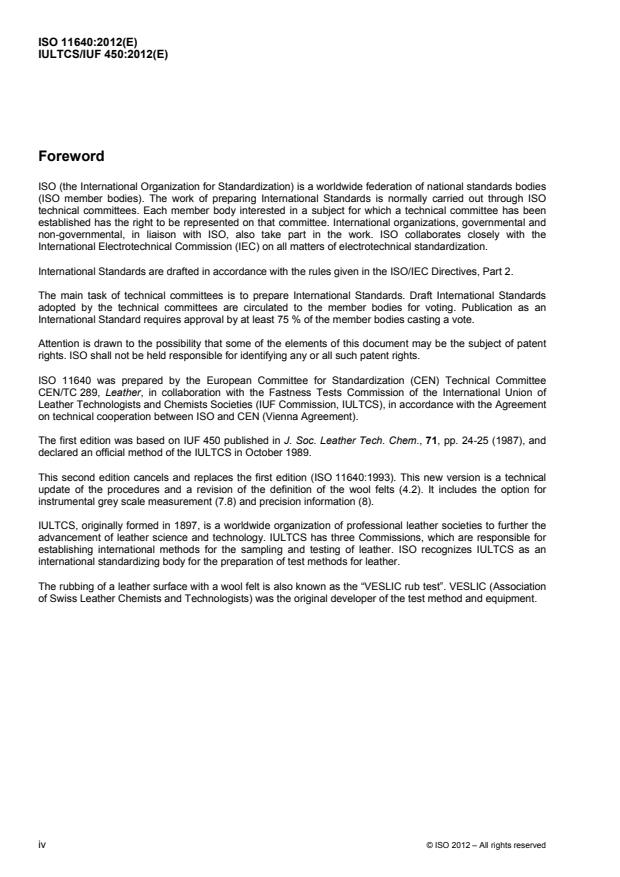 ISO 11640:2012 ISO 11640:2012 - Leather -- Tests for colour fastness -- Colour fastness to cycles of to-and-fro rubbing - Page 4 preview