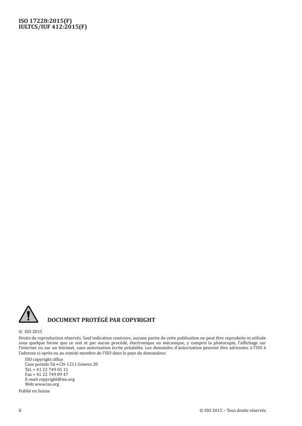 ISO 17228:2015 ISO 17228:2015 - Cuir -- Essais de solidité des coloris -- Changement de couleur avec vieillissement accéléré - Page 2 preview