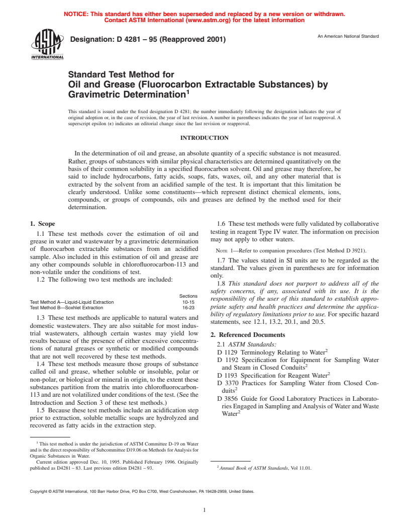 ASTM D4281-95(2001) - Standard Test Method for Oil and Grease (Fluorocarbon Extractable Substances) by Gravimetric Determination