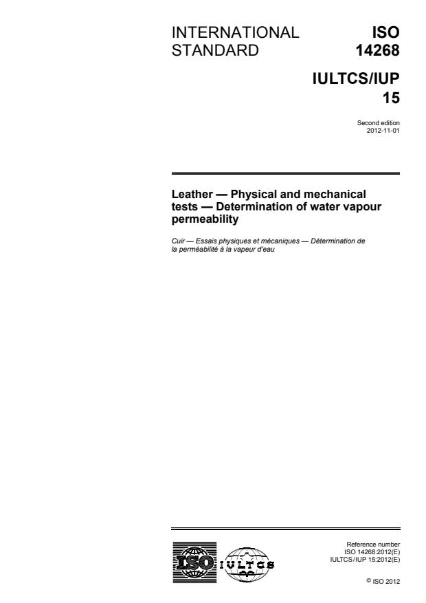 ISO 14268:2012 - Leather -- Physical and mechanical tests -- Determination of water vapour permeability