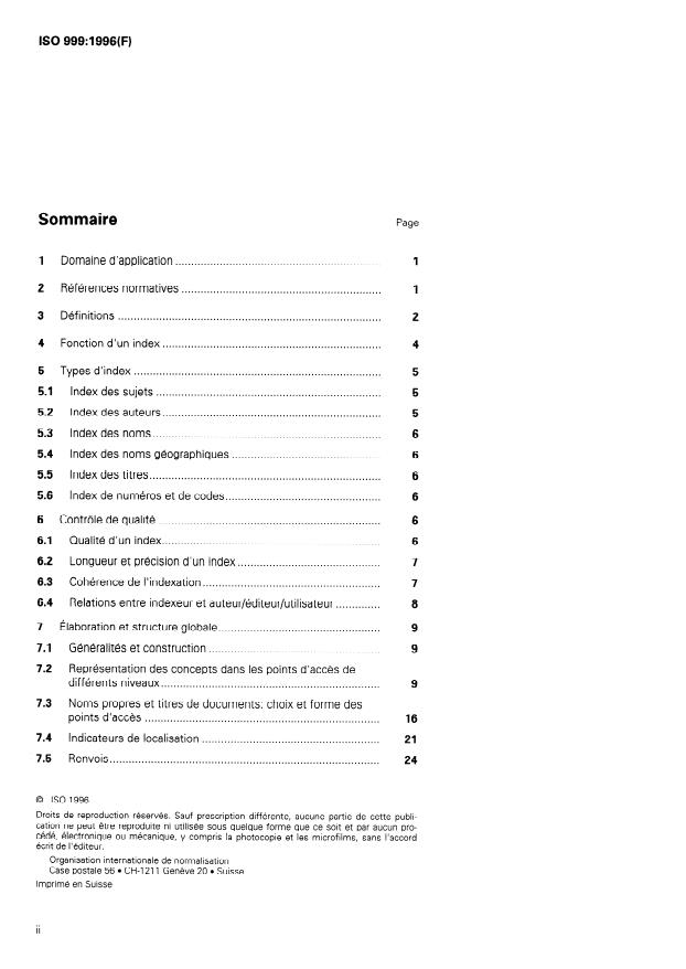 ISO 999:1996 ISO 999:1996 - Information et documentation -- Principes directeurs pour l'élaboration, la structure et la présentation des index - Page 2 preview