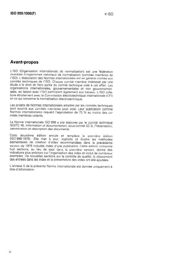 ISO 999:1996 ISO 999:1996 - Information et documentation -- Principes directeurs pour l'élaboration, la structure et la présentation des index - Page 4 preview