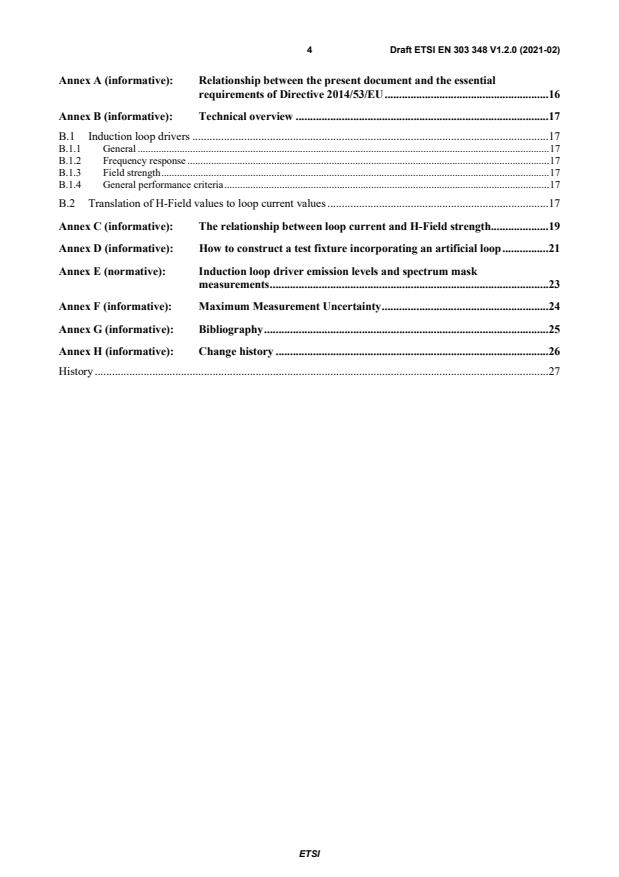 SIST EN 303 348 V1.2.1:2021 ETSI EN 303 348 V1.2.0 (2021-02) - Audio frequency induction loop drivers up to 45 A in the frequency range 10 Hz to 9 kHz; Harmonised Standard for access to radio spectrum - Page 4 preview