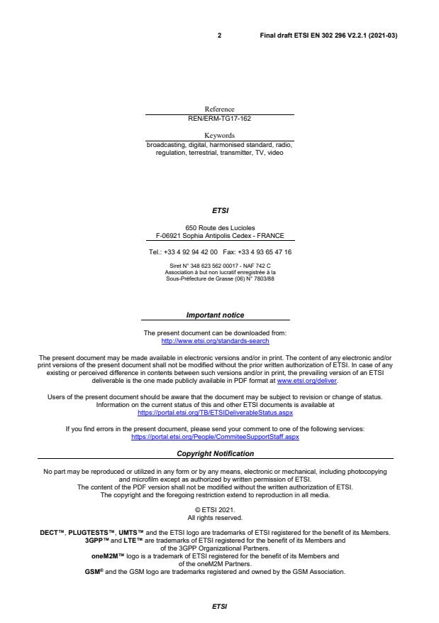 SIST EN 302 296 V2.2.1:2021 ETSI EN 302 296 V2.2.1 (2021-03) - Digital Terrestrial TV Transmitters; Harmonised Standard for access to radio spectrum - Page 2 preview