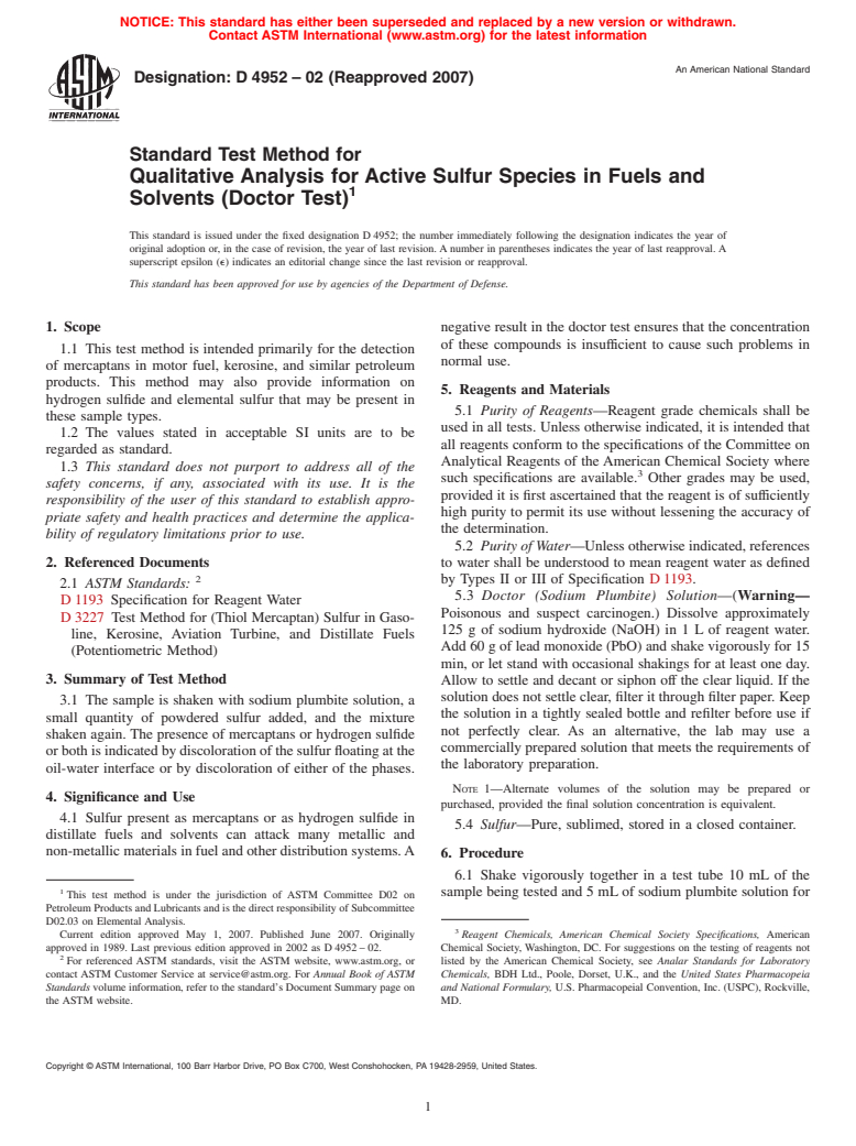 ASTM D4952-02(2007) - Standard Test Method for Qualitative Analysis for Active Sulfur Species in Fuels and Solvents (Doctor Test)