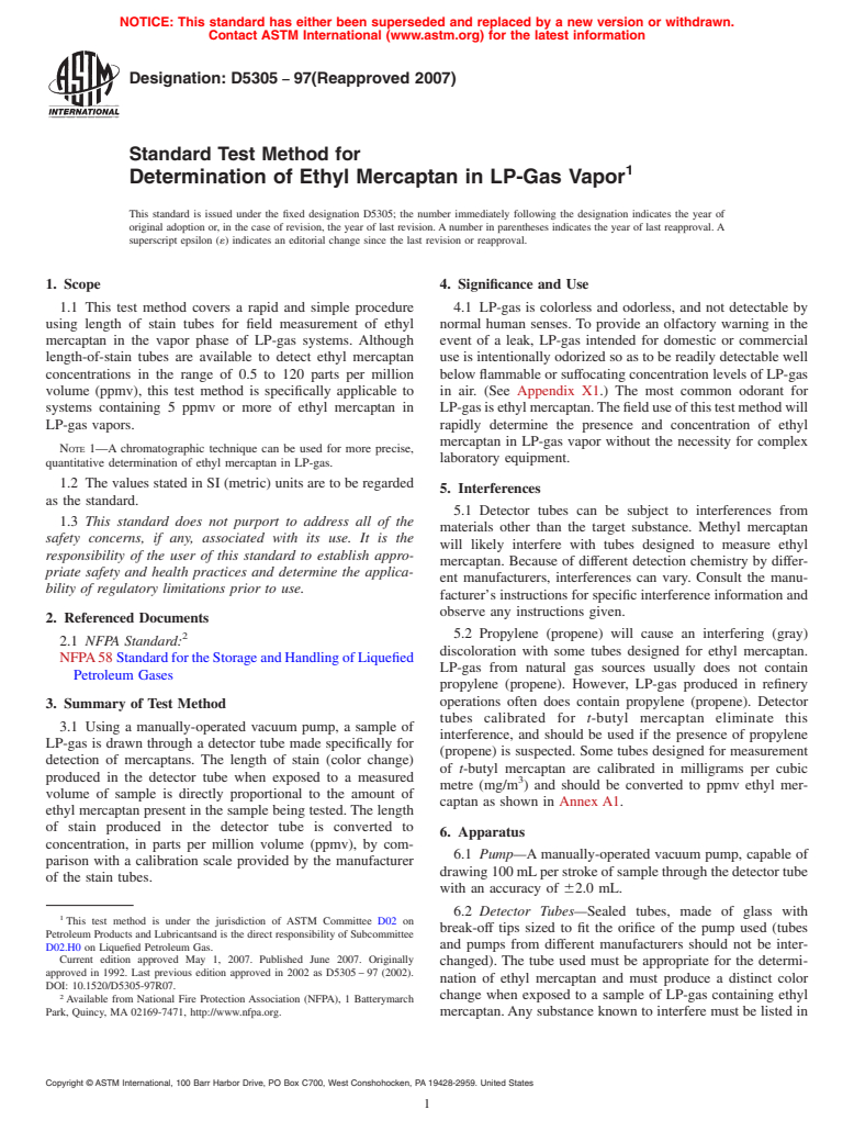 ASTM D5305-97(2007) - Standard Test Method for Determination of Ethyl Mercaptan in LP-Gas Vapor