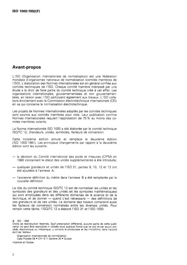 ISO 1000:1992 ISO 1000:1992 - Unités SI et recommandations pour l'emploi de leurs multiples et de certaines autres unités - Page 2 preview