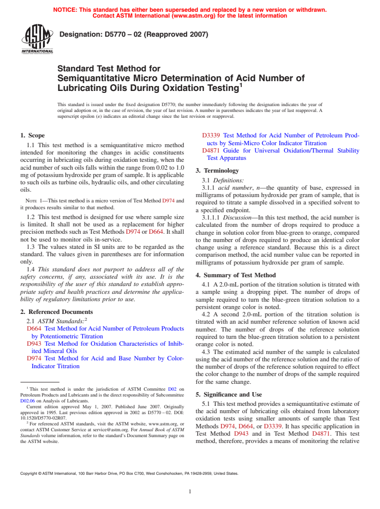 ASTM D5770-02(2007) - Standard Test Method for Semiquantitative Micro Determination of Acid Number of Lubricating Oils During Oxidation Testing