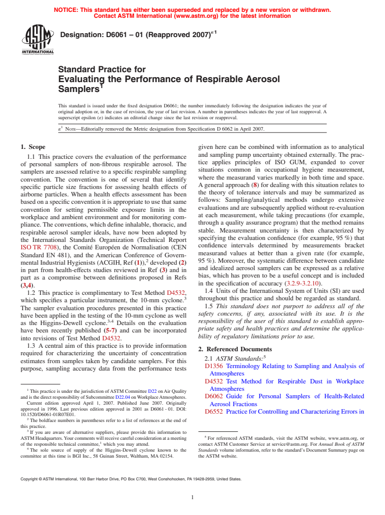 ASTM D6061-01(2007)e1 - Standard Practice for Evaluating the Performance of Respirable Aerosol Samplers