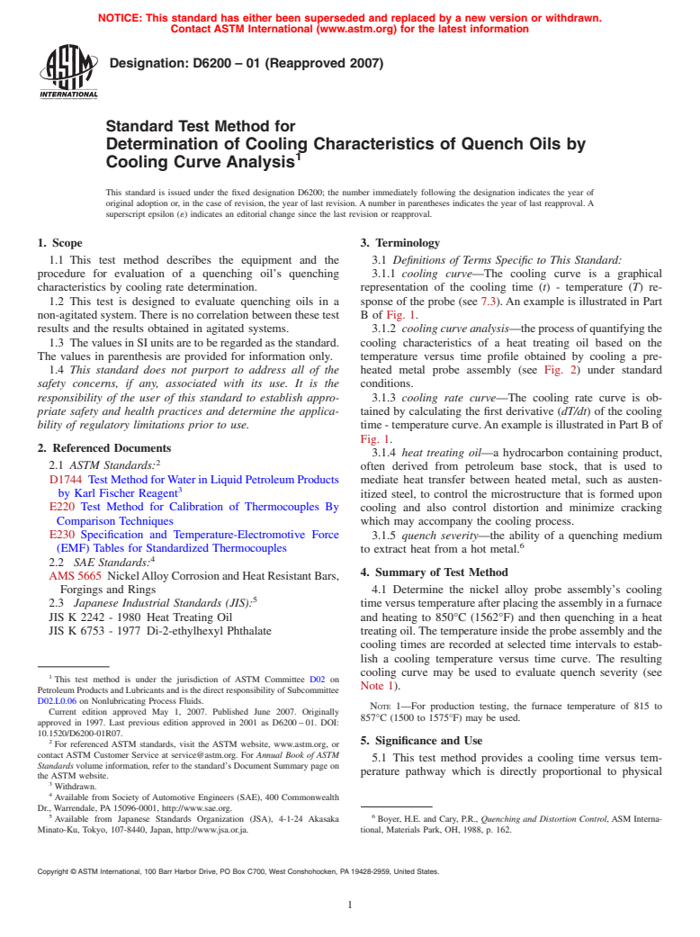 ASTM D6200-01(2007) - Standard Test Method for Determination of Cooling Characteristics of Quench Oils by Cooling Curve Analysis