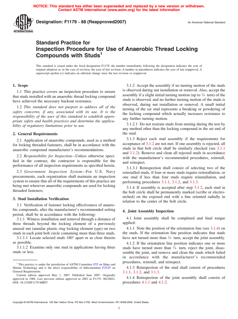 ASTM F1179-88(2007) - Standard Practice for Inspection Procedure for Use of Anaerobic Thread Locking Compounds with Studs