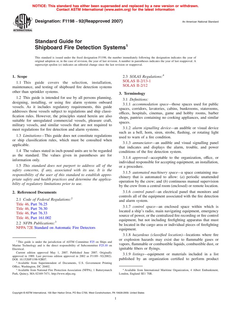 ASTM F1198-92(2007) - Standard Guide for Shipboard Fire Detection Systems