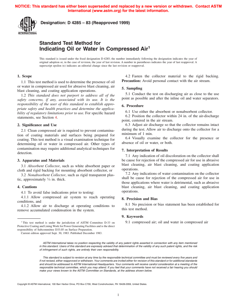 ASTM D4285-83(1999) - Standard Test Method for Indicating Oil or Water in Compressed Air