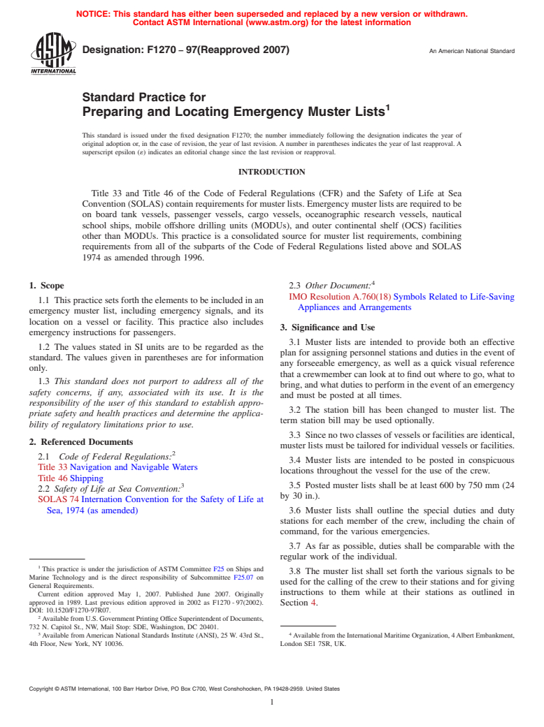 ASTM F1270-97(2007) - Standard Practice for Preparing and Locating Emergency Muster Lists