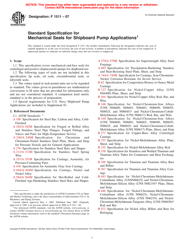 ASTM F1511-07 - Standard Specification for Mechanical Seals for Shipboard Pump Applications