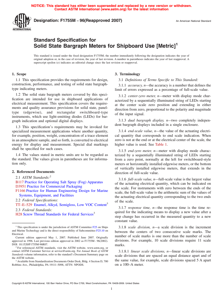 ASTM F1755M-96(2007) - Standard Specification for Solid State Bargraph Meters for Shipboard Use [Metric]