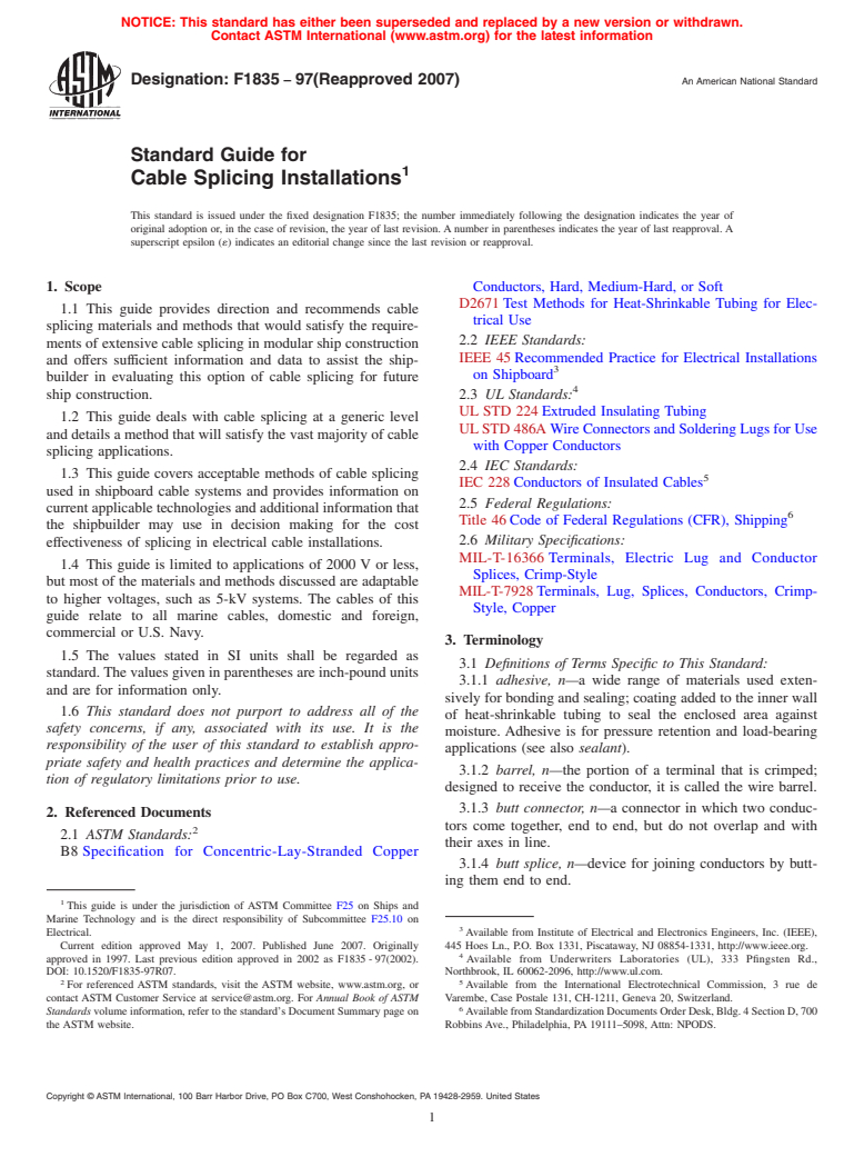 ASTM F1835-97(2007) - Standard Guide for Cable Splicing Installations