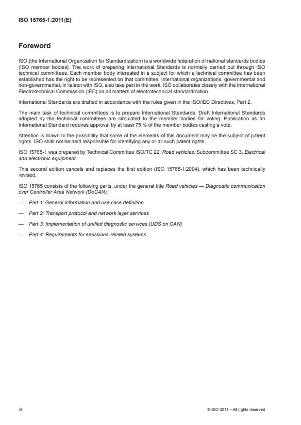 ISO 15765-1:2011 ISO 15765-1:2011 - Road vehicles -- Diagnostic communication over Controller Area Network (DoCAN) - Page 4 preview