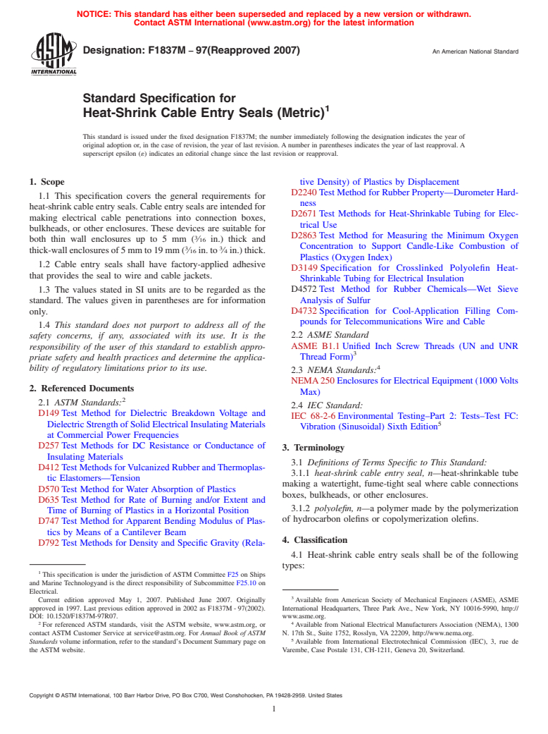 ASTM F1837M-97(2007) - Standard Specification for Heat-Shrink Cable Entry Seals (Metric)