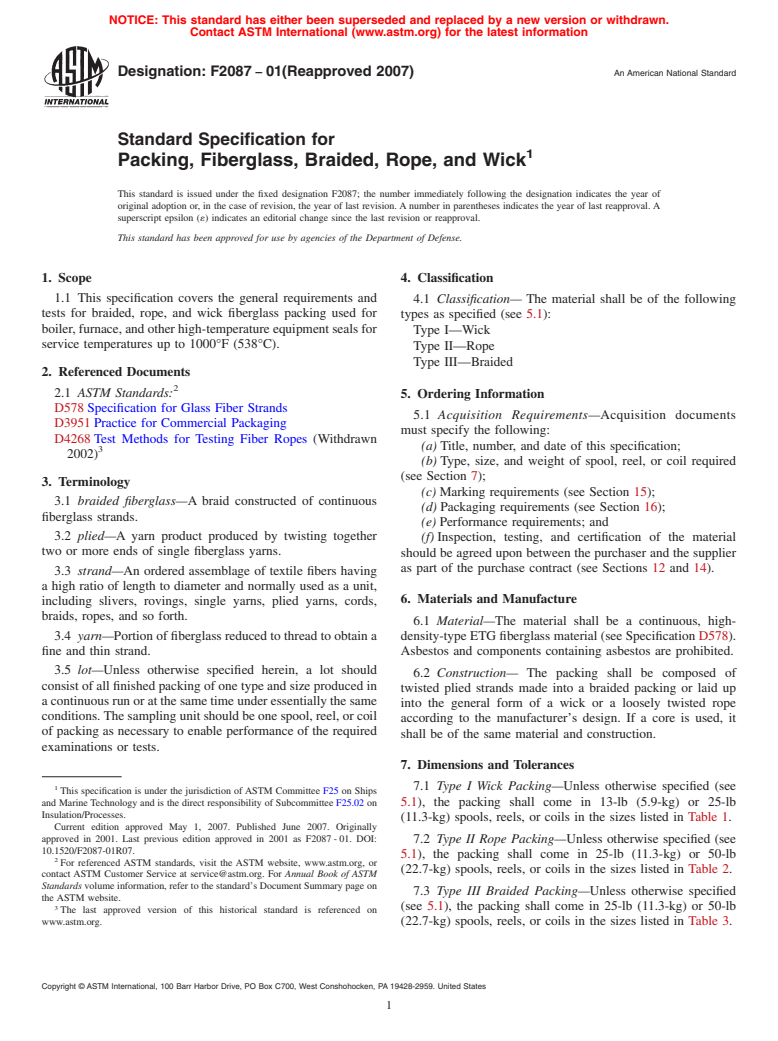 ASTM F2087-01(2007) - Standard Specification for Packing, Fiberglass, Braided, Rope, and Wick