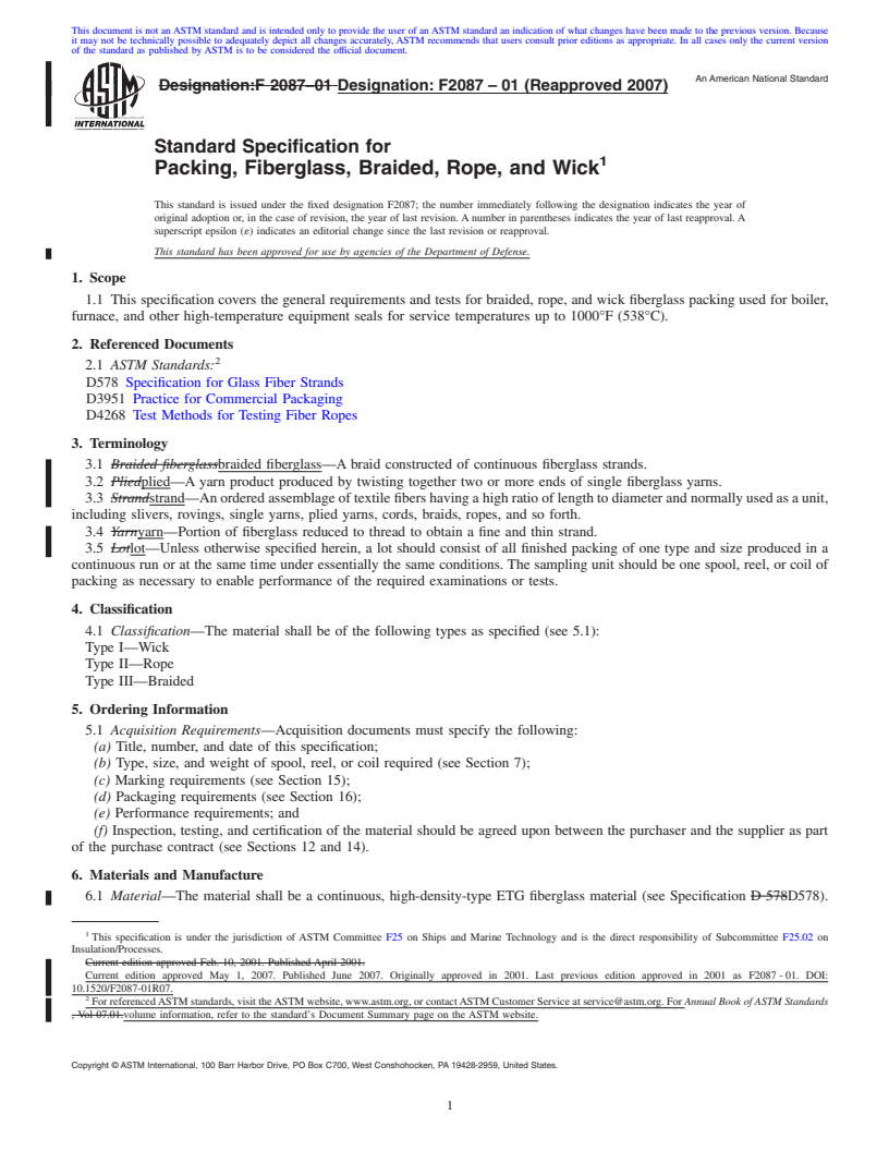 REDLINE ASTM F2087-01(2007) - Standard Specification for Packing, Fiberglass, Braided, Rope, and Wick