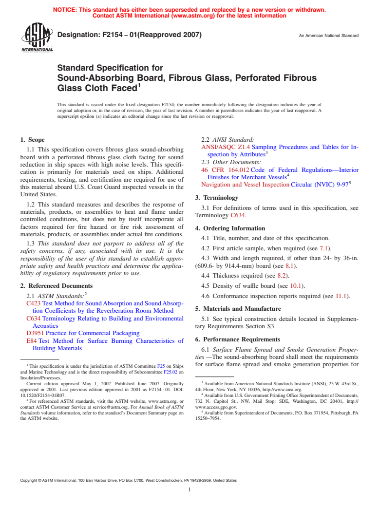 ASTM F2154-01(2007) - Standard Specification for Sound-Absorbing Board, Fibrous Glass, Perforated Fibrous Glass Cloth Faced