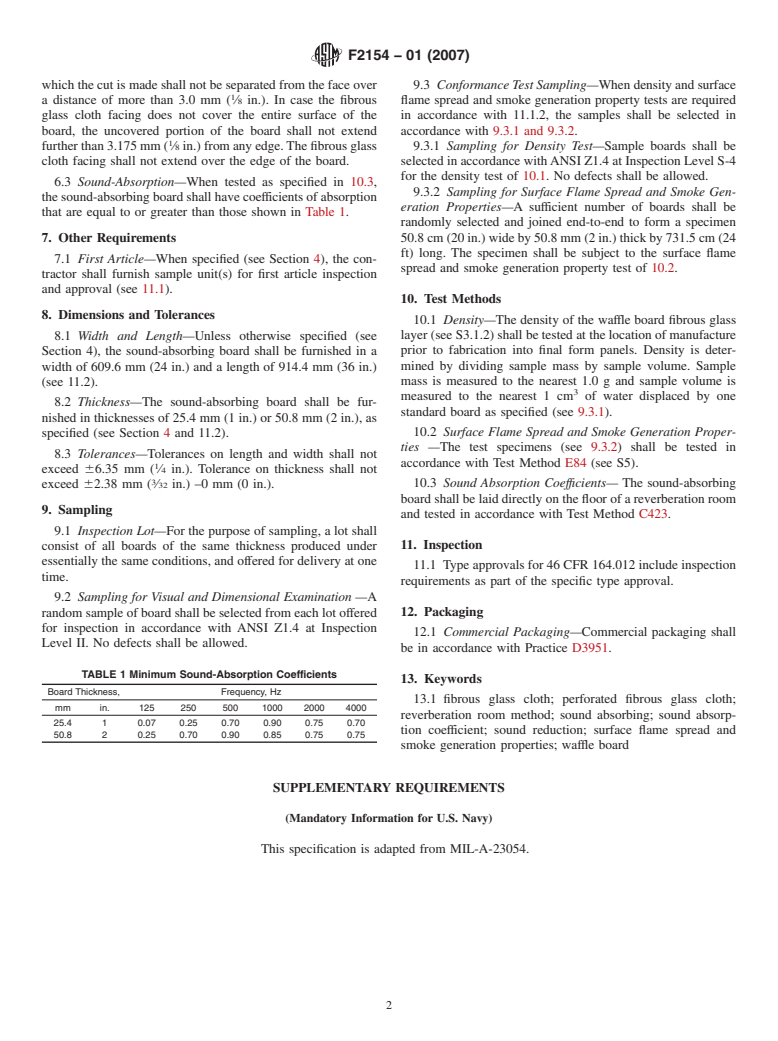 ASTM F2154-01(2007) - Standard Specification for Sound-Absorbing Board, Fibrous Glass, Perforated Fibrous Glass Cloth Faced