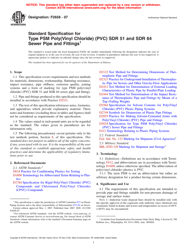 ASTM F2658-07 - Standard Specification for Type PSM Poly(Vinyl Chloride) (PVC) SDR 51 and SDR 64 Sewer Pipe and Fittings