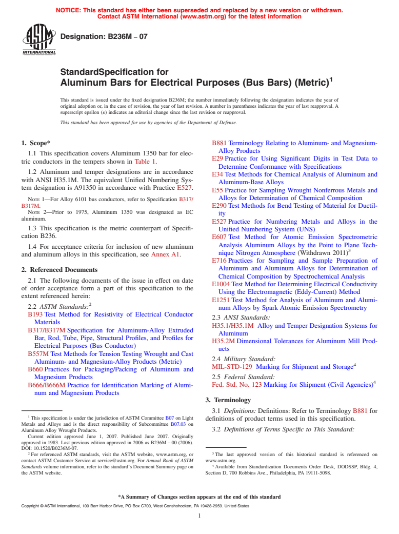 ASTM B236M-07 - Standard Specification for Aluminum Bars for Electrical Purposes (Bus Bars) [Metric]