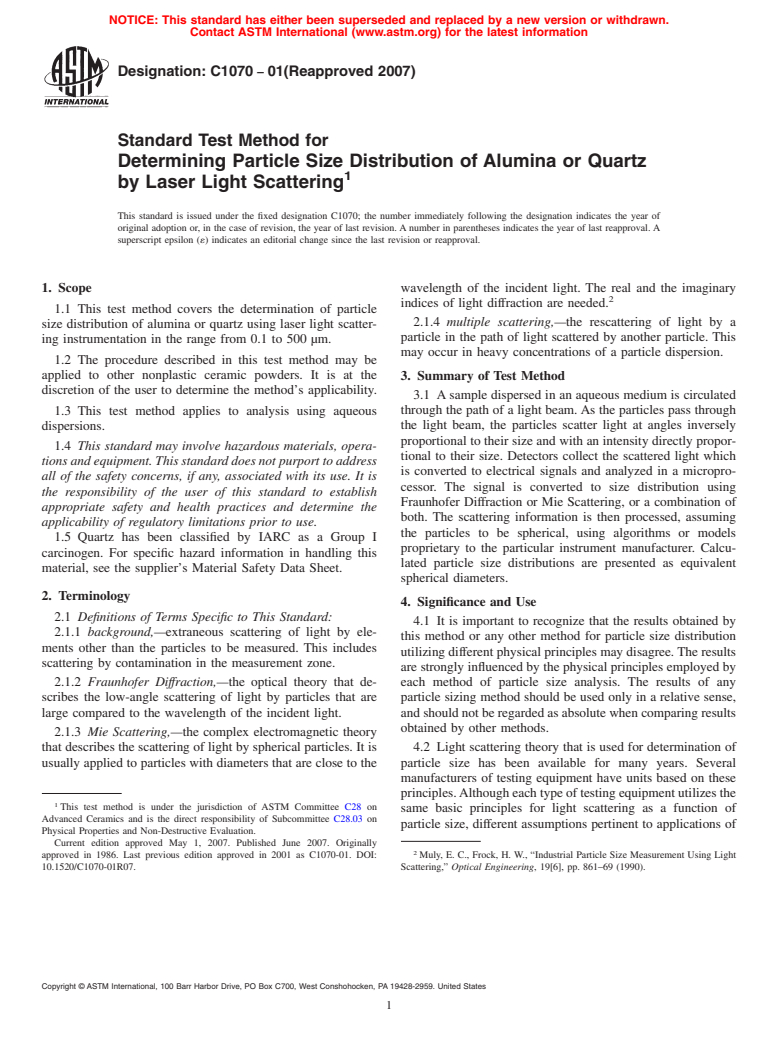 ASTM C1070-01(2007) - Standard Test Method for Determining Particle Size Distribution of Alumina or Quartz by Laser Light Scattering