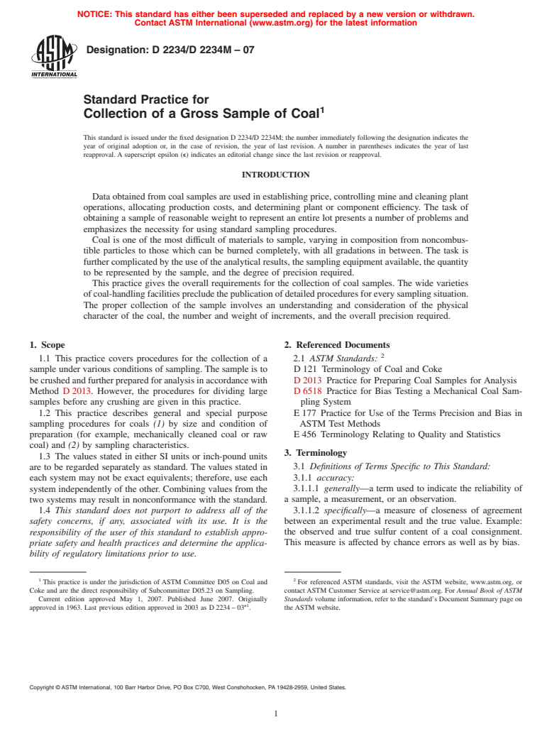 ASTM D2234/D2234M-07 - Standard Practice for Collection of a Gross Sample of Coal