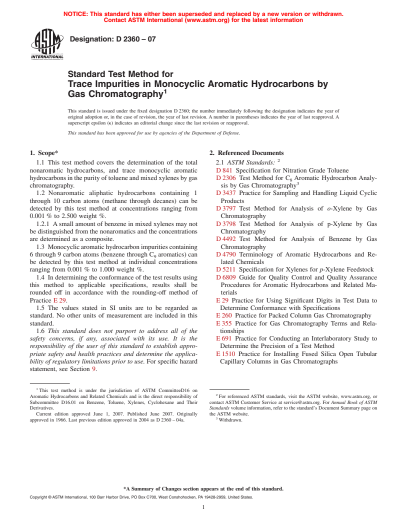 ASTM D2360-07 - Standard Test Method for Trace Impurities in Monocyclic Aromatic Hydrocarbons by Gas Chromatography