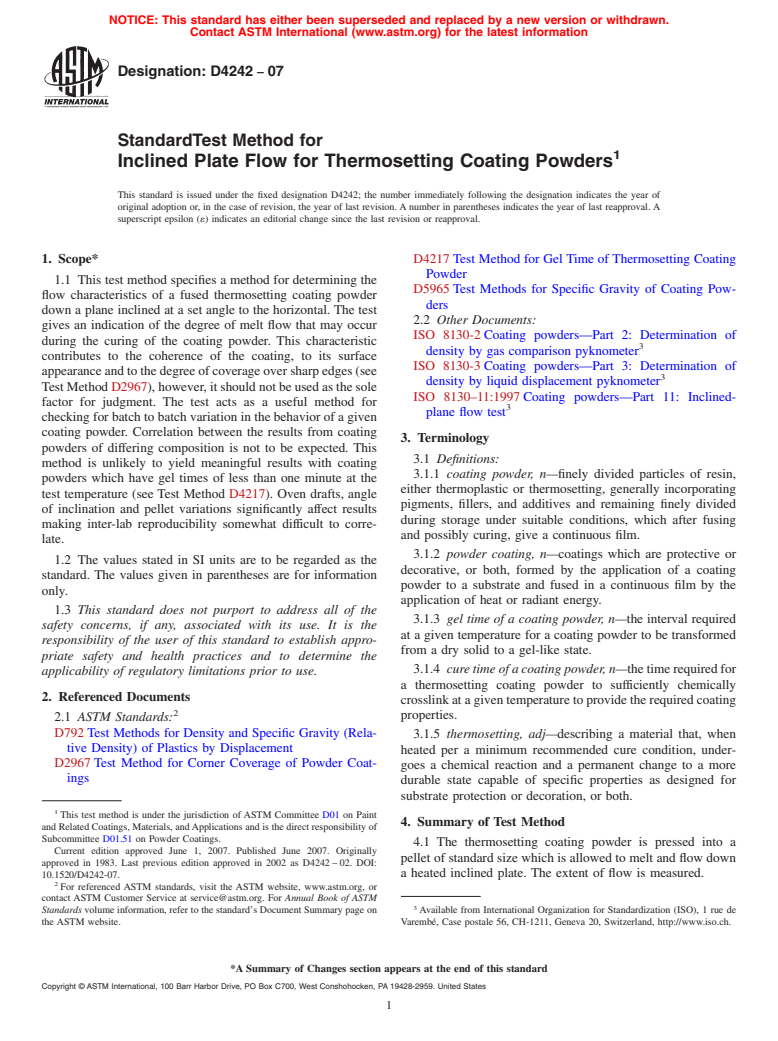 ASTM D4242-07 - Standard Test Method for Inclined Plate Flow for Thermosetting Coating Powders