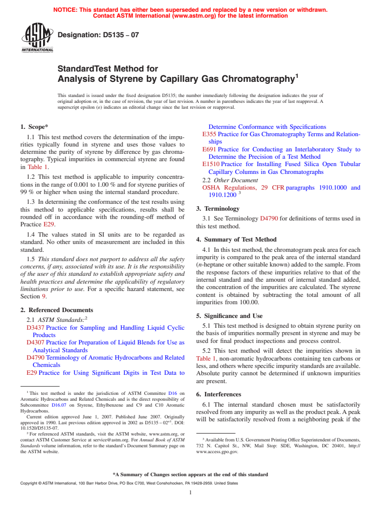 ASTM D5135-07 - Standard Test Method for Analysis of Styrene by Capillary Gas Chromatography