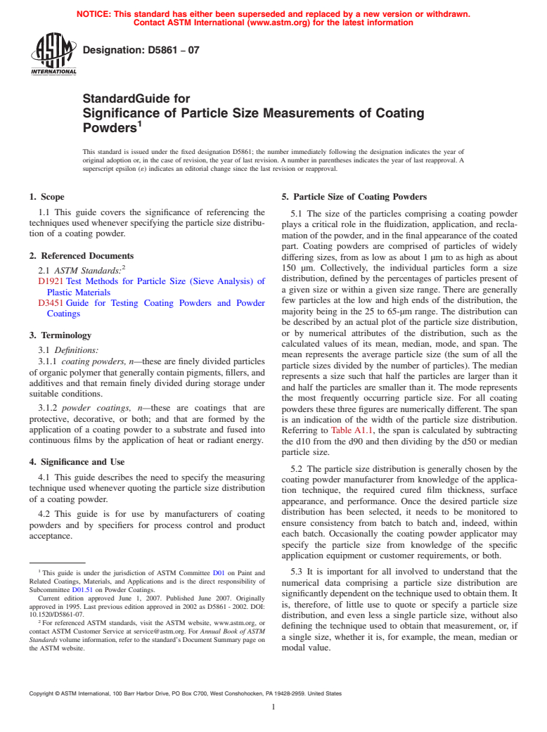 ASTM D5861-07 - Standard Guide for Significance of Particle Size Measurements of Coating Powders