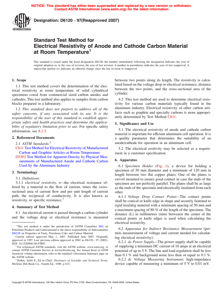 ASTM D6120-97(2007) - Standard Test Method for Electrical Resistivity of Anode and Cathode Carbon Material at Room Temperature