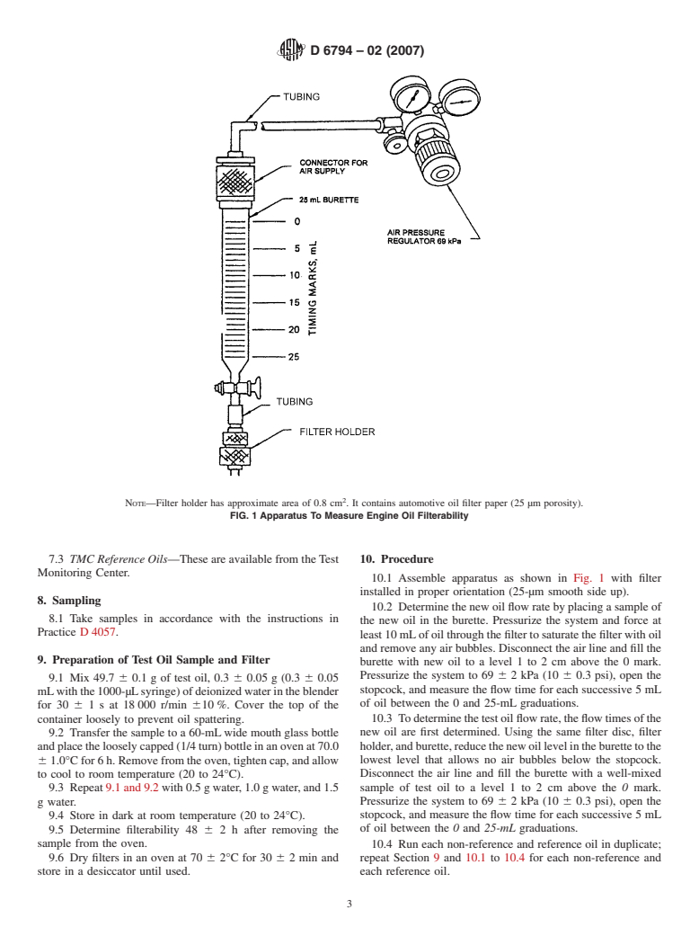 ASTM D6794-02(2007) - Standard Test Method for Measuring the Effect on Filterability of Engine Oils After Treatment with Various Amounts of Water and a Long (6-h) Heating Time