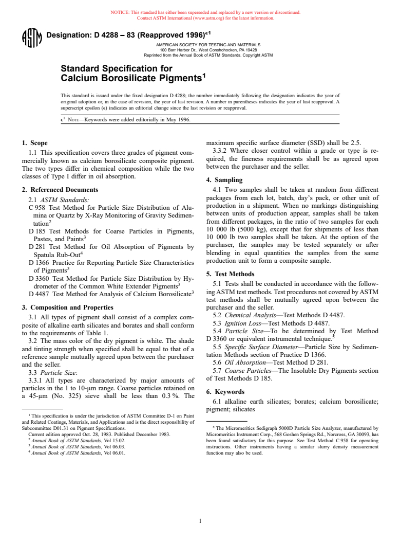 ASTM D4288-83(1996)e1 - Standard Specification for Calcium Borosilicate Pigments